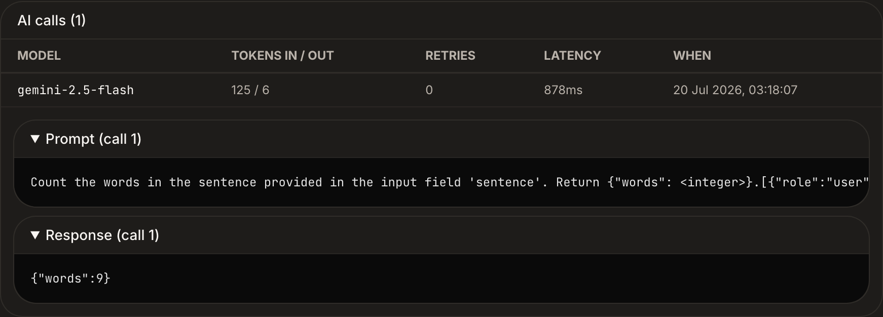 The AI-calls trace inside a moulds.ai task step: model, tokens in/out, retries, latency and timestamps per call, with the exact prompt and response expandable below.