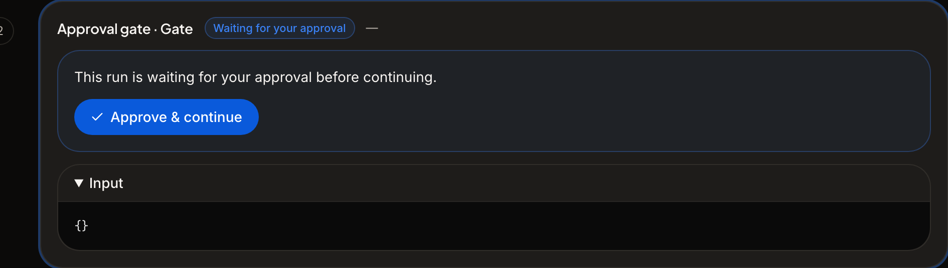 A task run on moulds.ai parked at an approval gate: the step card reads "Waiting for your approval" with an Approve & continue button — nothing proceeds without the owner.