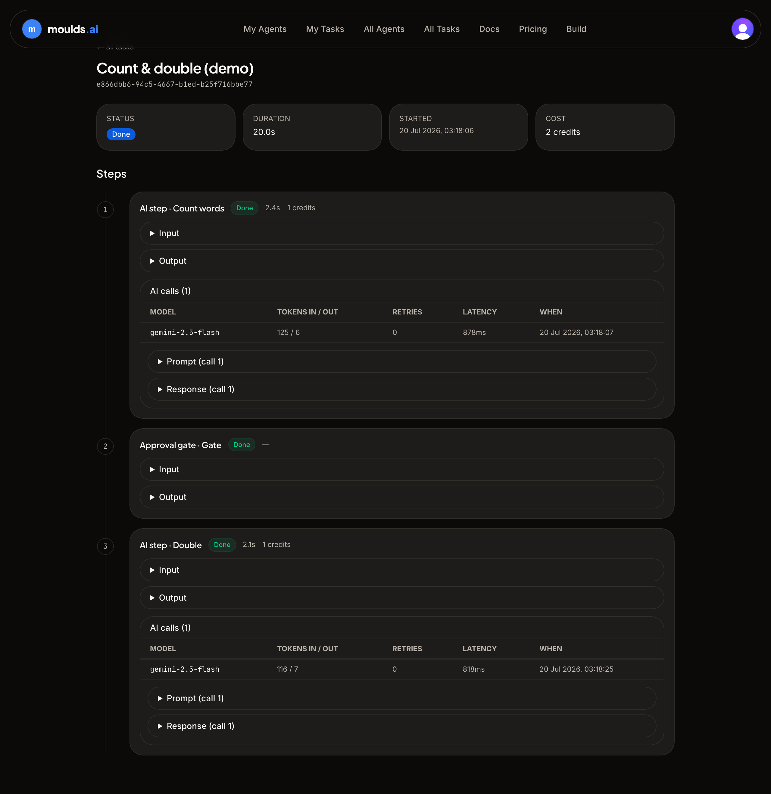 A completed moulds.ai task run: numbered steps in a vertical list, each with a plain-English label, status pill, duration, and expandable input/output.